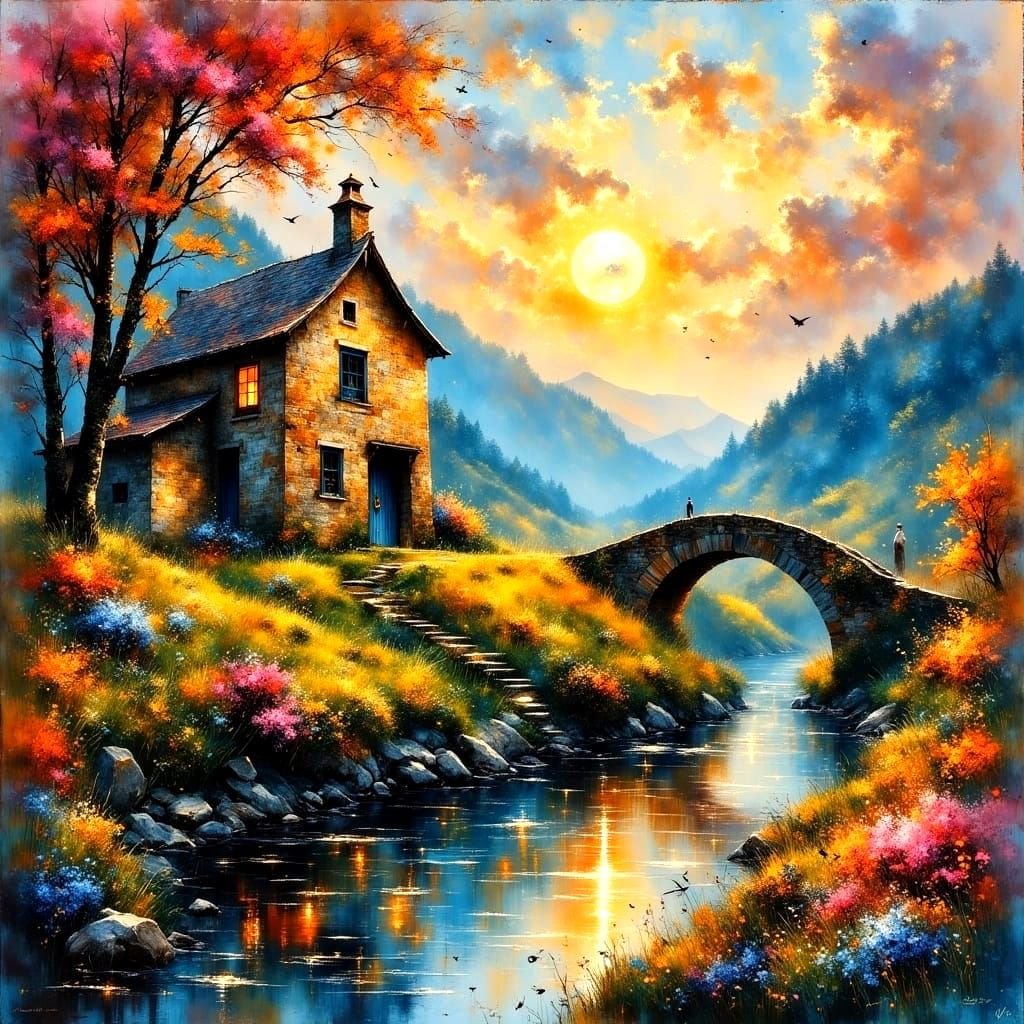 Whimsical Watermill Scene in Pastel Hues