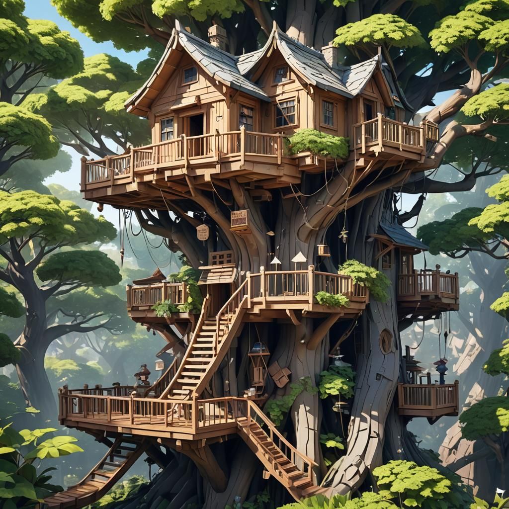 Surreal Anime Treehouse in Papercraft Style