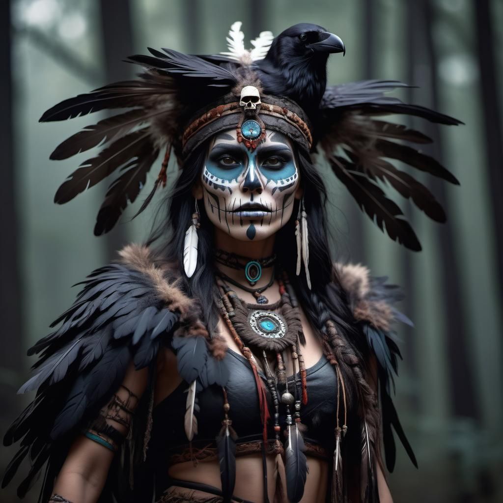 Raven Wolf Shaman Warrior in Dark Forest