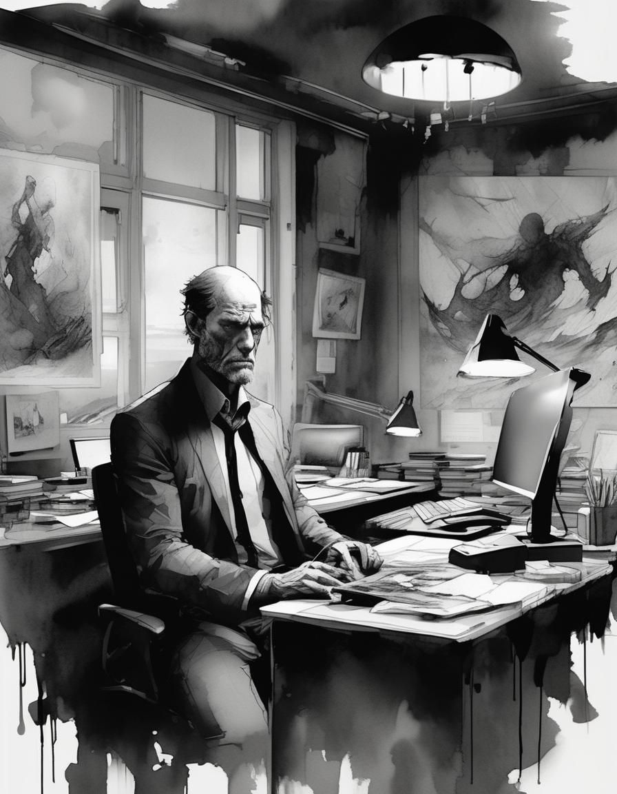 Sad Man in Office: Oil and Watercolor Portrait