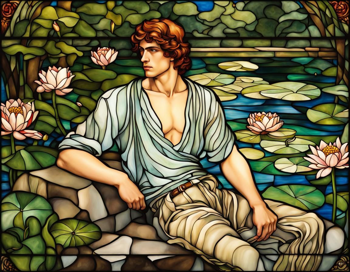 Pre-Raphaelite Stained Glass: Young Man by Lily Pond