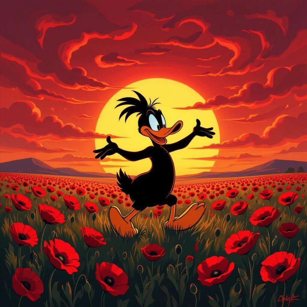 Daffy Duck Dances in a Surreal Poppy Field