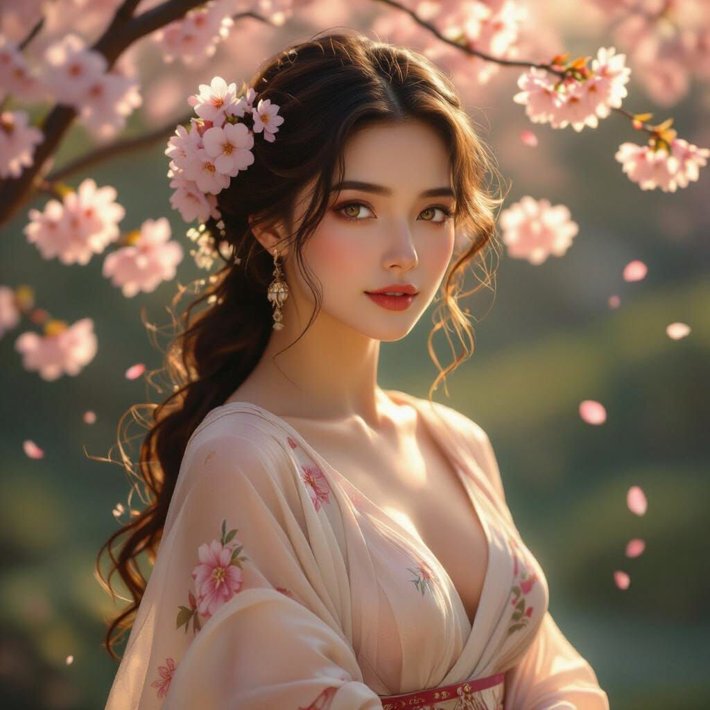 Cherry Blossom Woman in Art Nouveau Style
