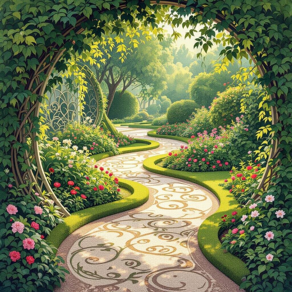 Art Nouveau Garden: Flowing Paths and Floral Patterns