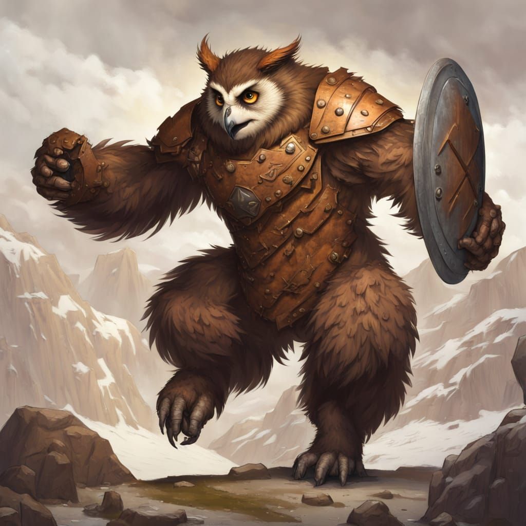 Owlbear Wields Ancient Shield with Fierce Intensity