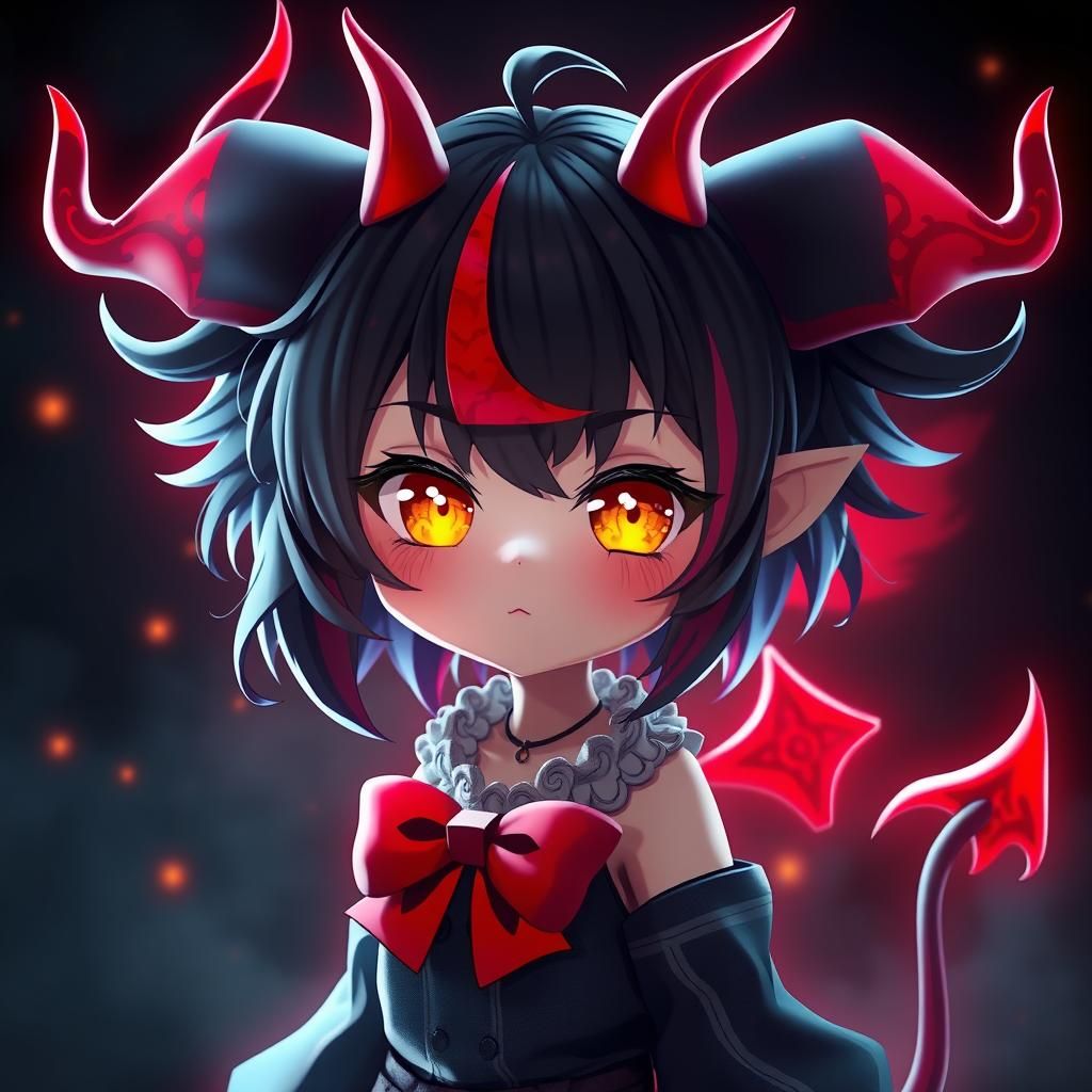 Kawaii Demon Girl with Glowing Eyes and Red Bow