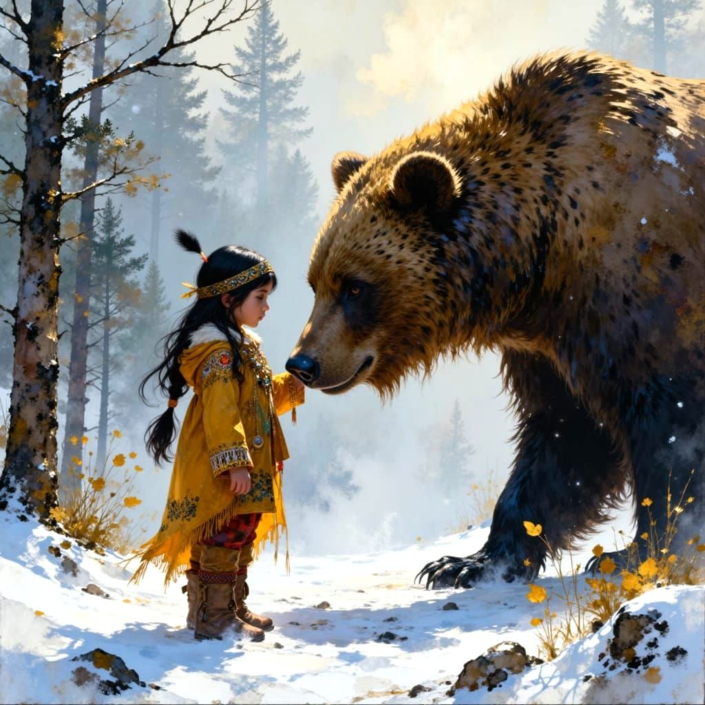 Native American Boy's Sacred Bond with Bear in Blizzard