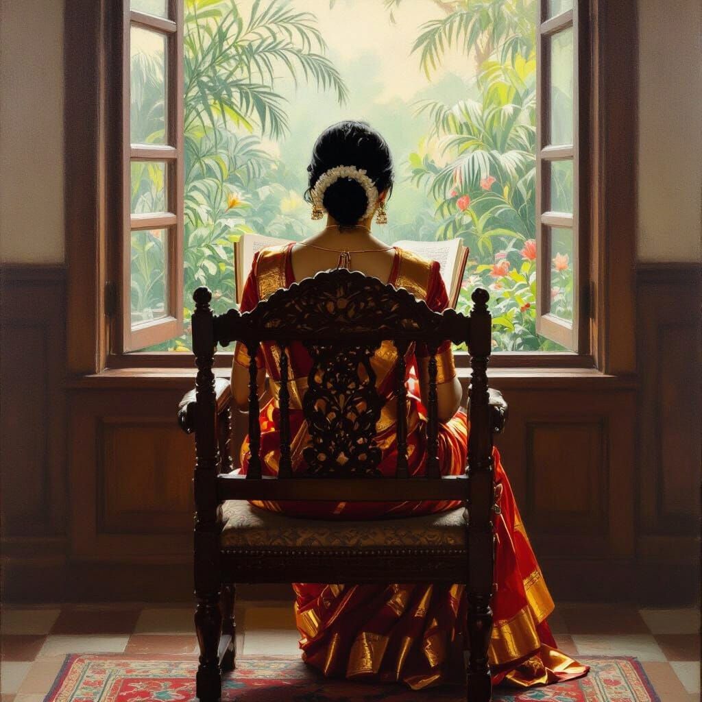 Indian Woman Reading in Raja Ravi Varma Style