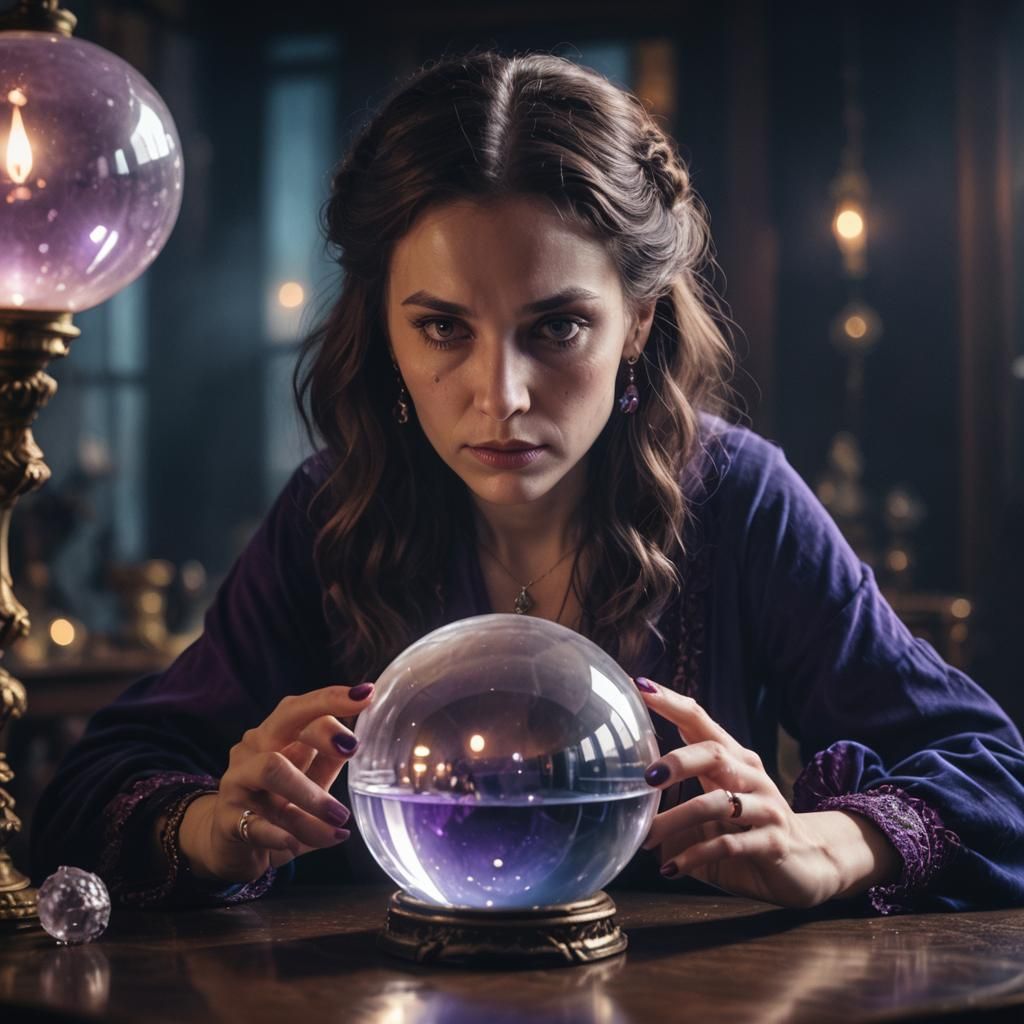 Mystical Crystal Ball Portrait in Dimly Lit Parlor