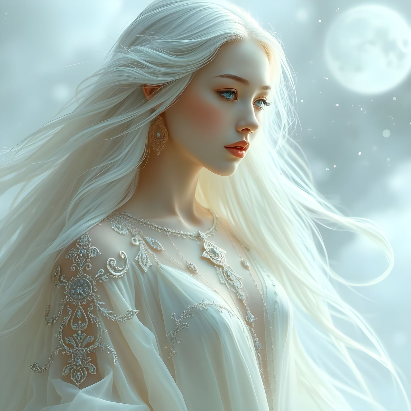 Ethereal Celestial Goddess in Shining White Hair