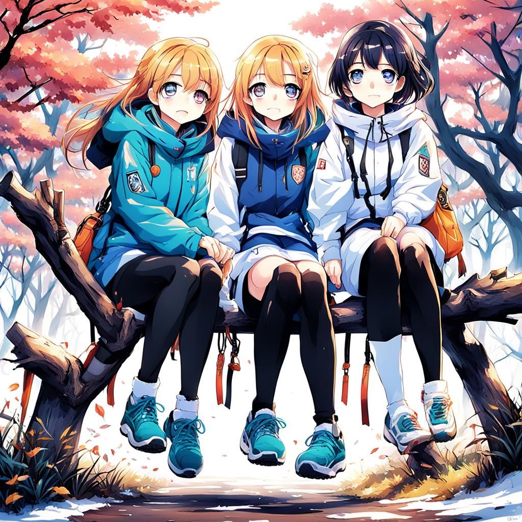 Cute Girls on Winter Branch in Anime Style