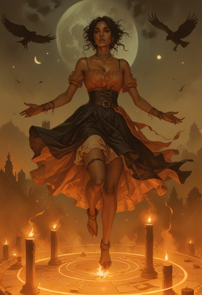 Renaissance Witch Floating in Gothic Graveyard