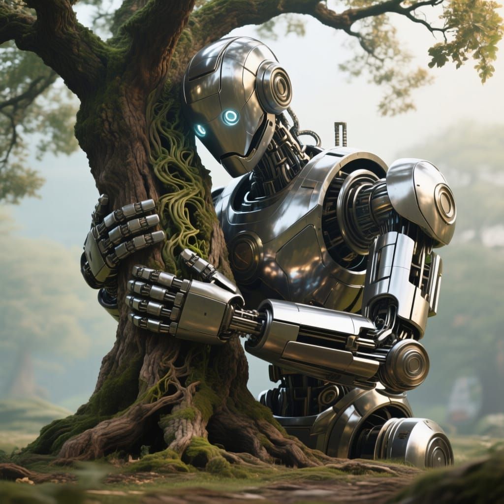 Giant Robot Cradles Ancient Oak Tree, Serene Realism