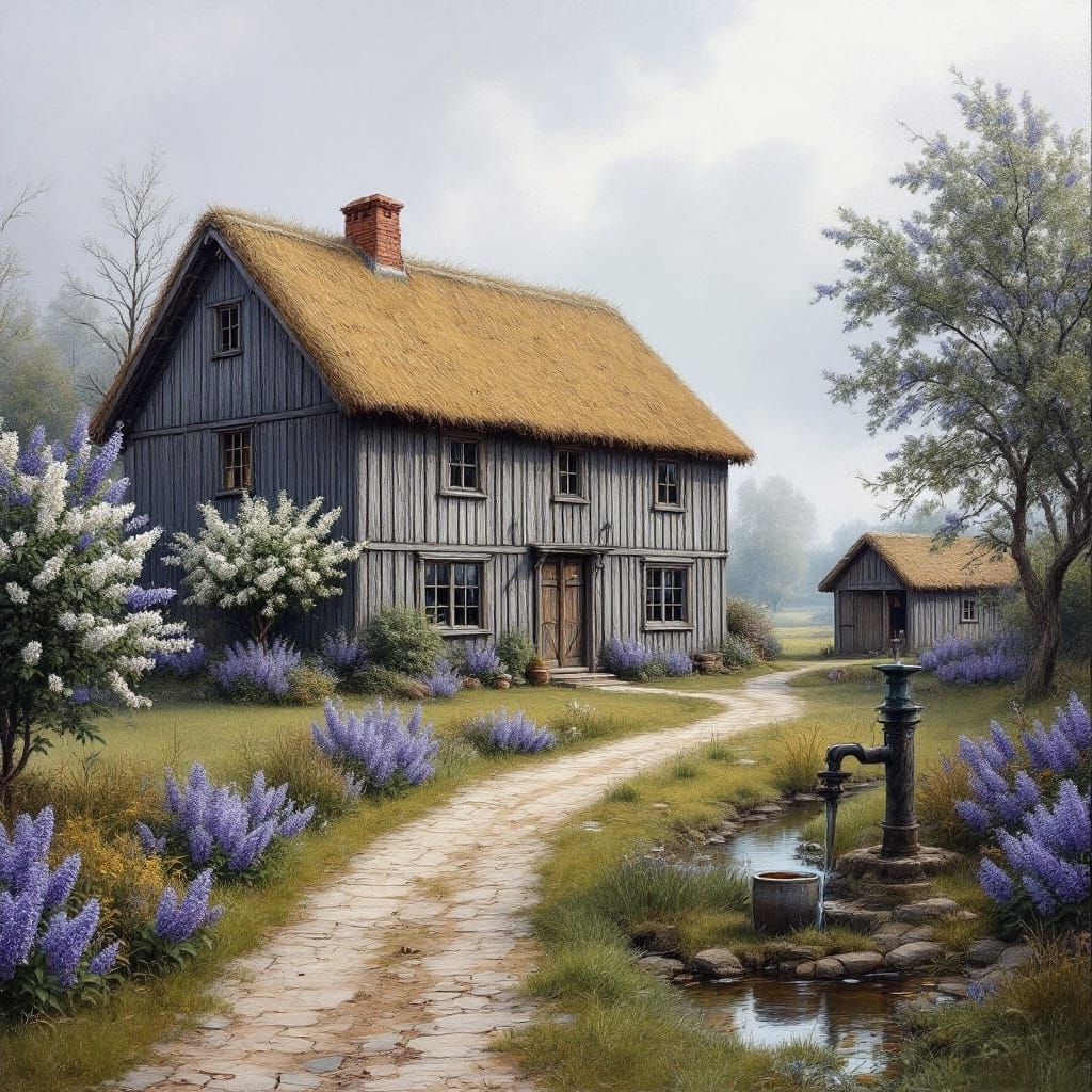Realistic Oil Painting of a Large Wooden House with Blooming...