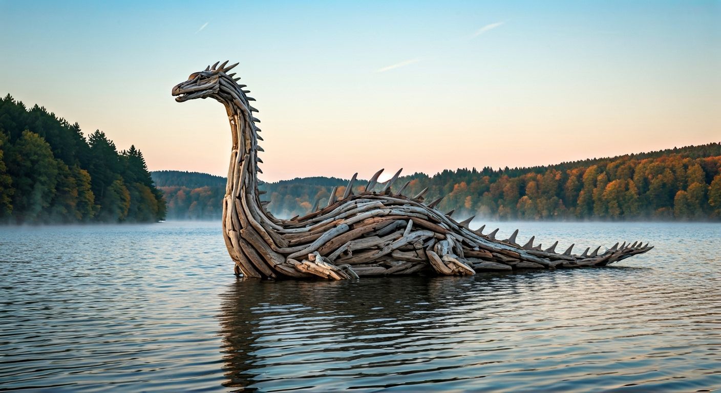Photorealistic Driftwood Loch Ness Monster Art Installation