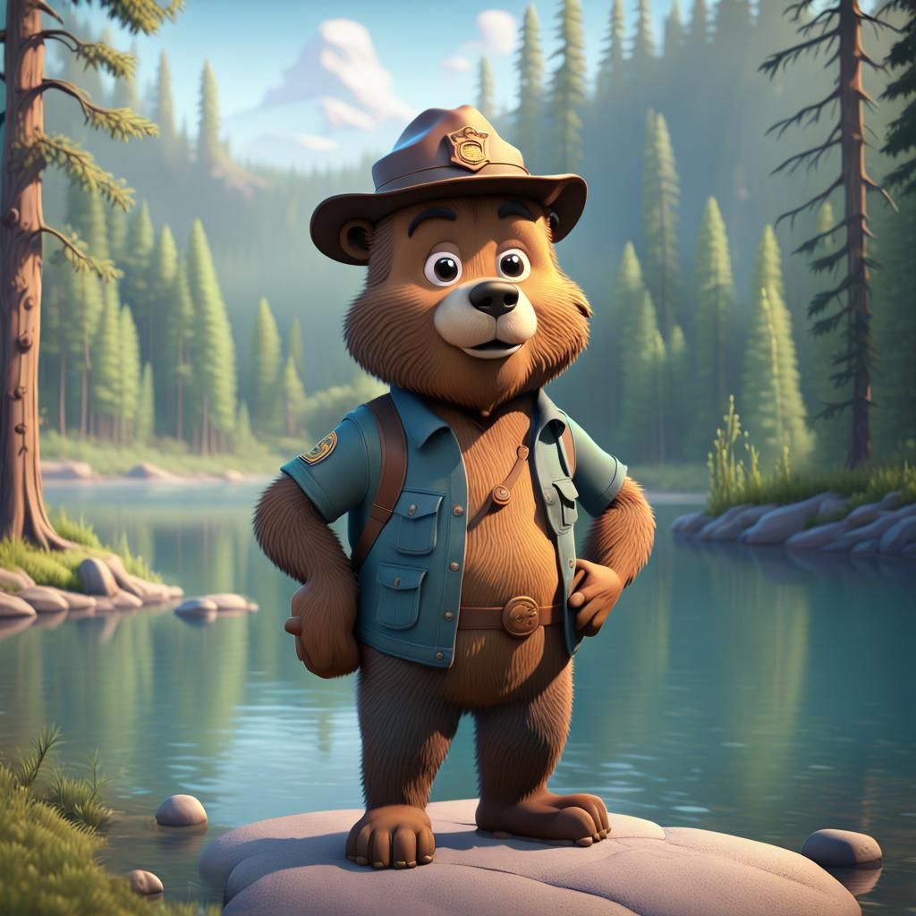 Smokey Bear Cartoon in Pixar Disney Style