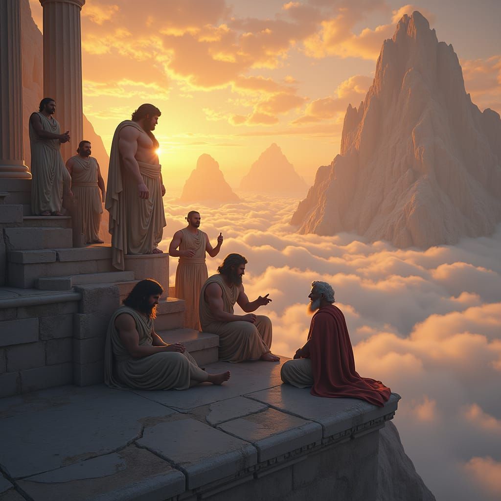 Olympian Gods' Twilight Discussion in Neoclassical Style