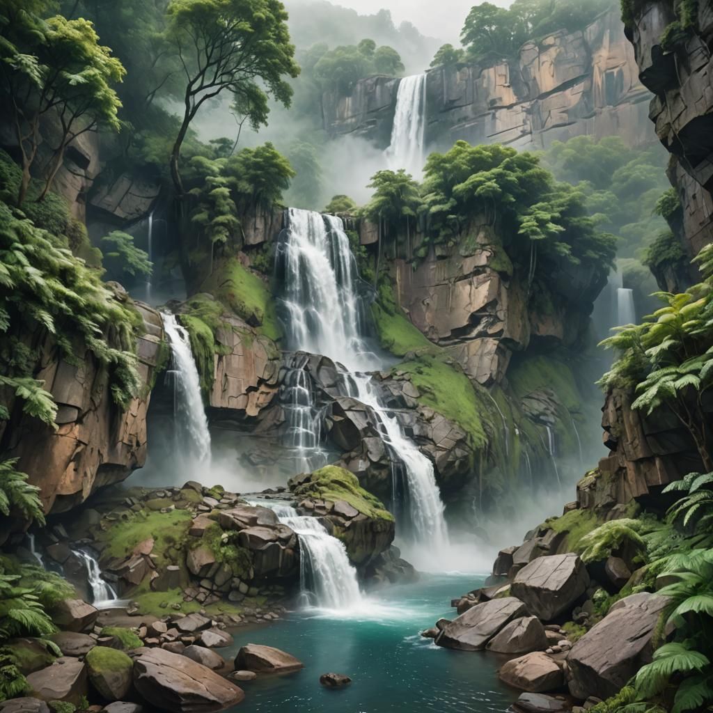 Majestic Twin Waterfalls in Hyper-Realistic Digital Art