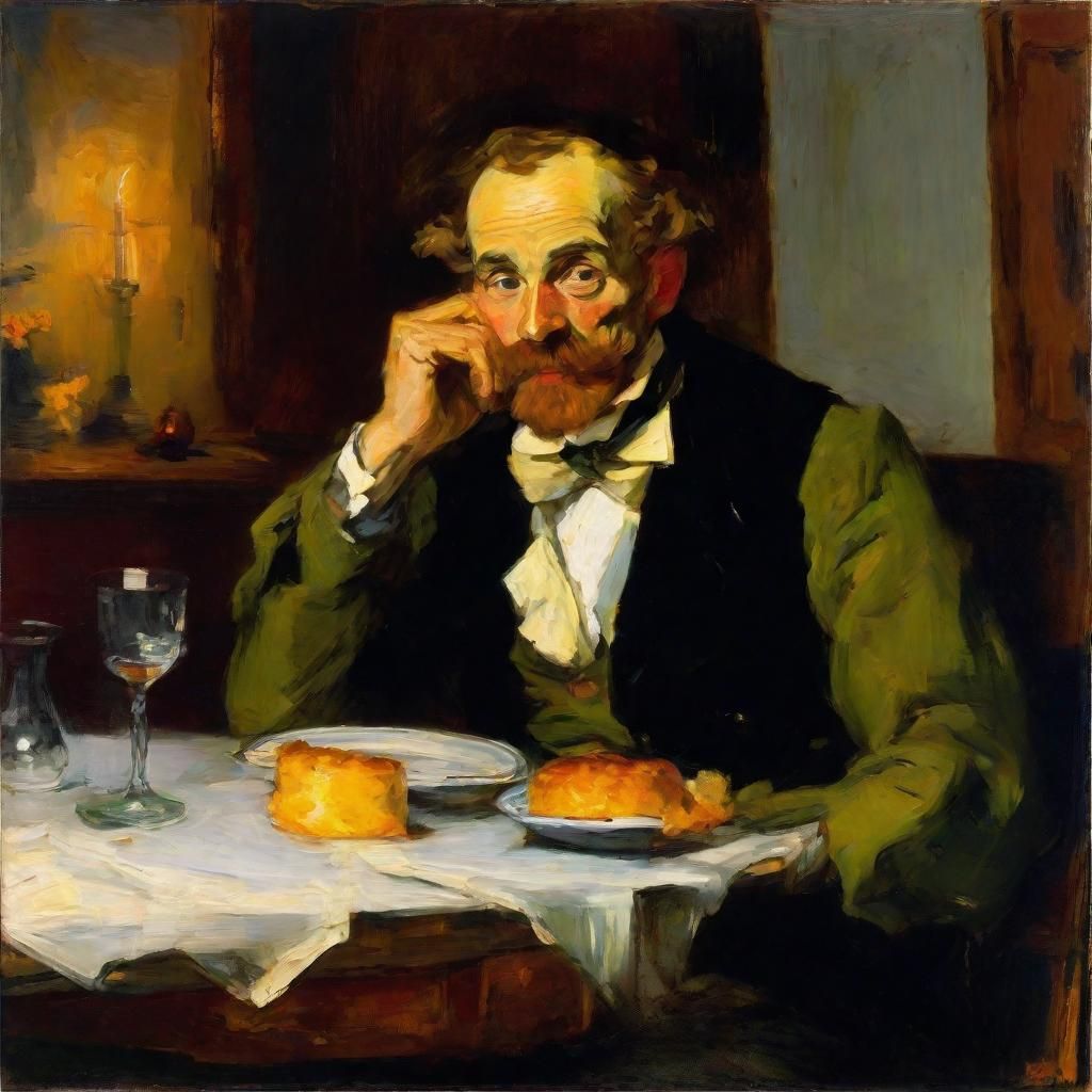 Joyful Man Bites Pastry: Expressionist Portrait