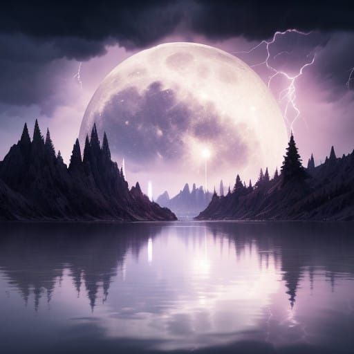 Stormy Lake Scene with Full Moon Illumination