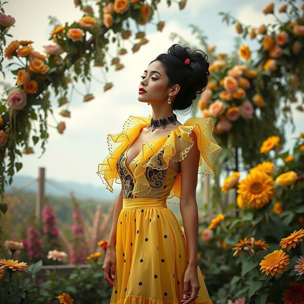 Model in Haute Couture Tulle Jumpsuit in Garden