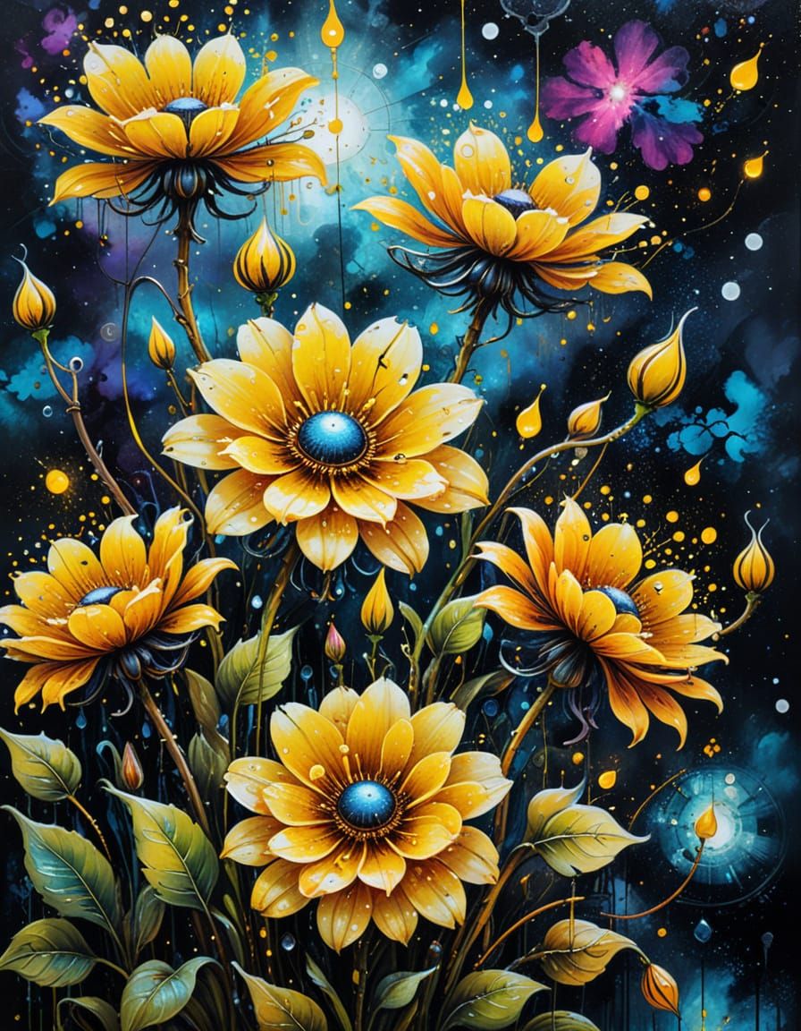 Steampunk Flowers in Vivid Colors, Oil on Canvas