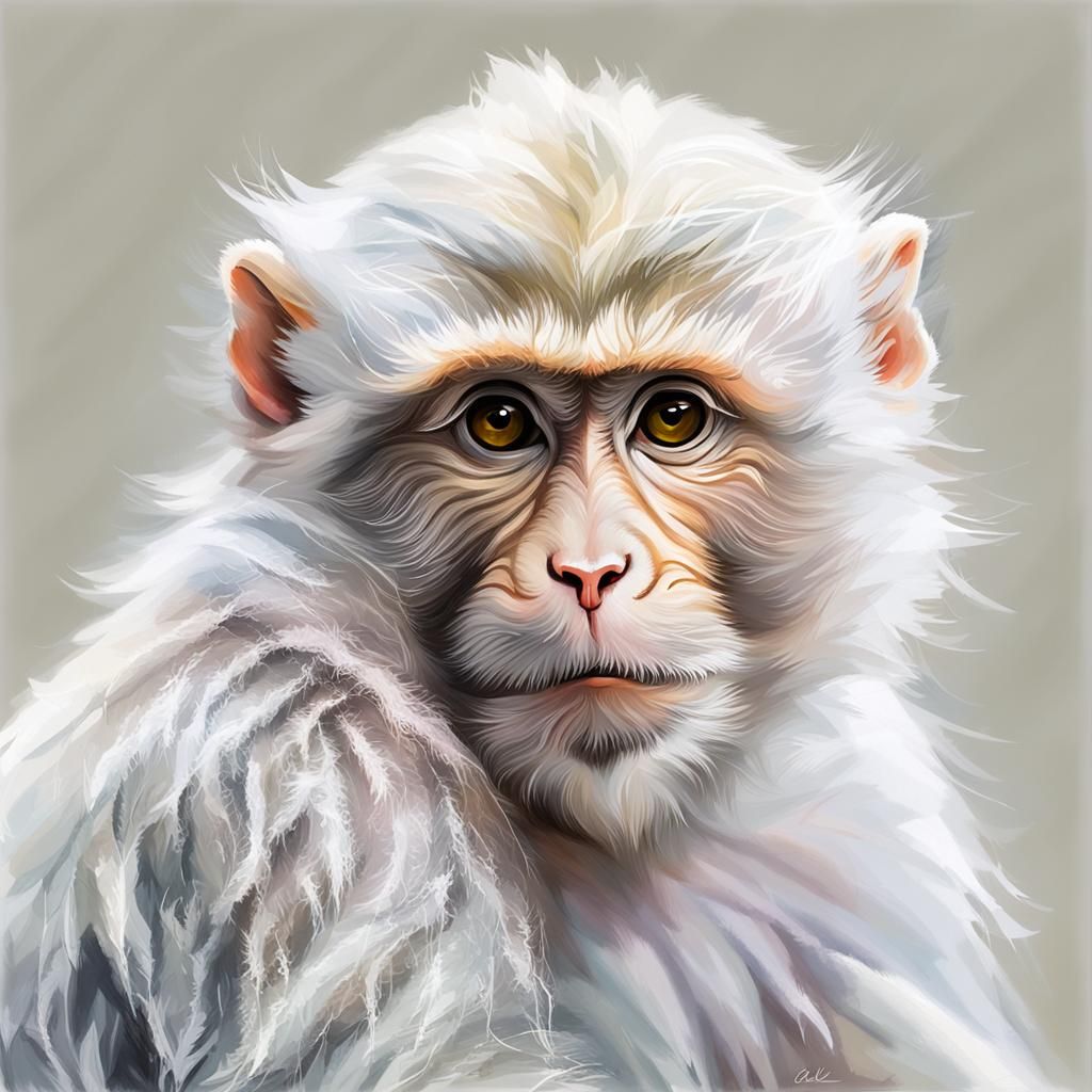 Fluffy White Monkey Portrait in Mixed Media