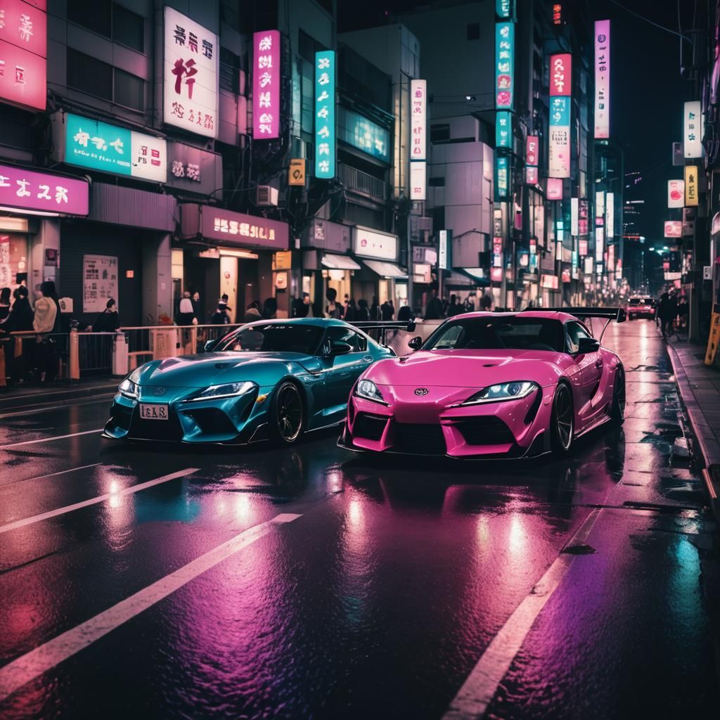 Toyota Supras Drifting on Neon Tokyo Street