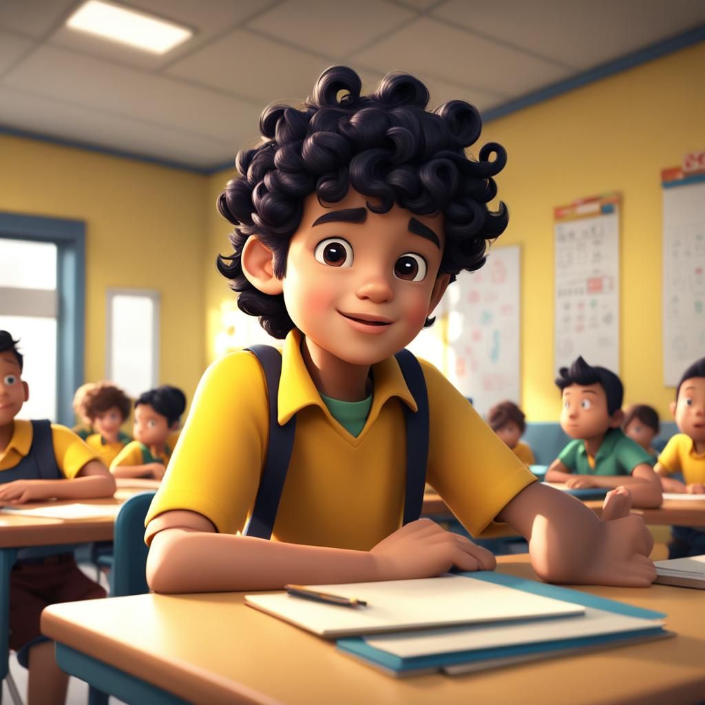 Charming 3D Boy with Curly Hair in Classroom