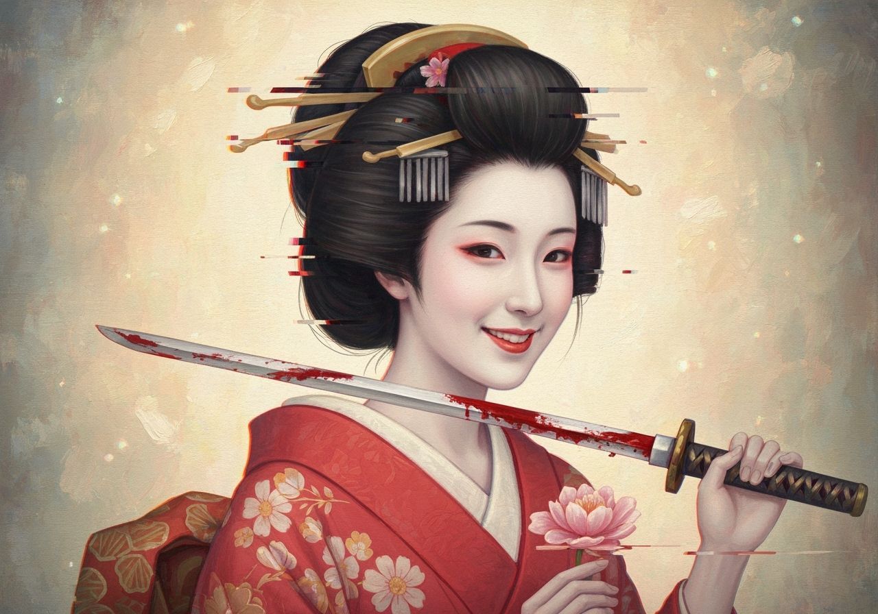 Glitch Art: Geisha with Sword in Dreamy Watercolor