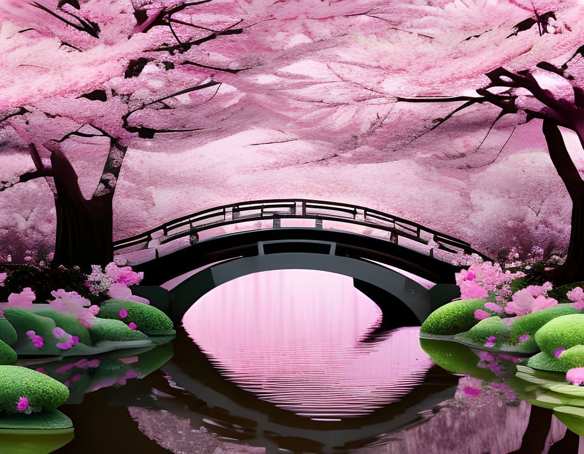 Serene Cherry Blossom Japanese Garden in Polychromatic Hues