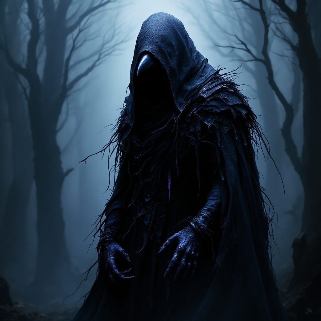 Mysterious Crow Figure in Dark Forest Landscape