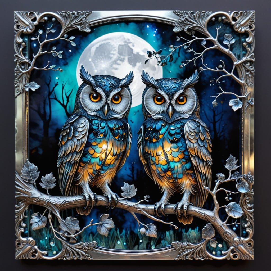 Baroque Owls Under Moonlit Sky with Alcohol Ink Effect
