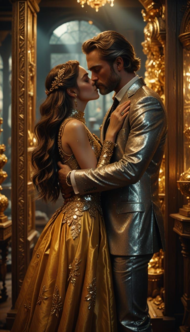 Couples in Shimmering Suits Amidst a Treasure Trove