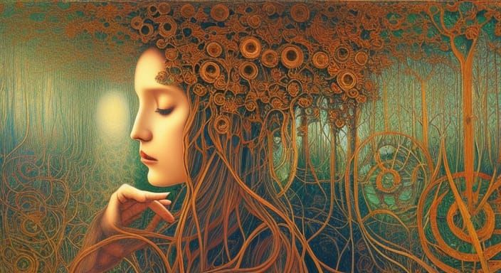 Sunset Human Hybrid in Glass Forest, Oil on Ceramic