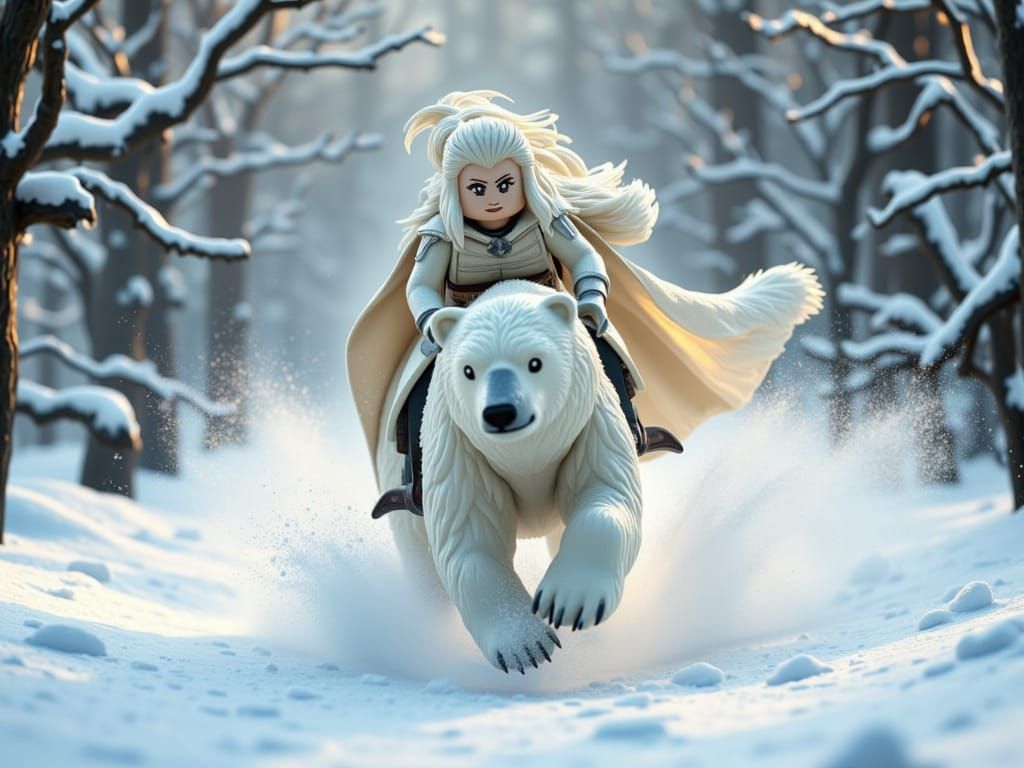 Snow Elf Queen Rides Polar Bear Through Winter Forest