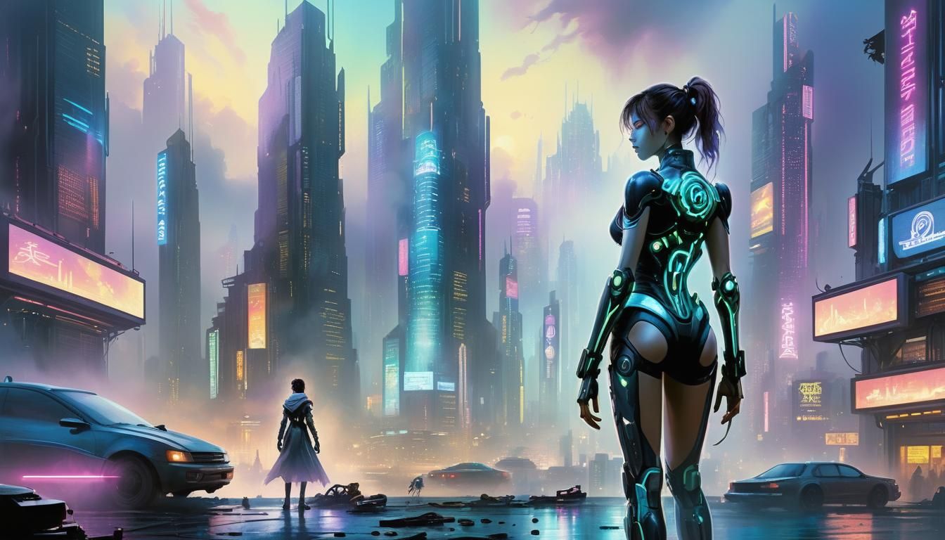 Cyberpunk Cityscape with Cyborg in Watercolor Style