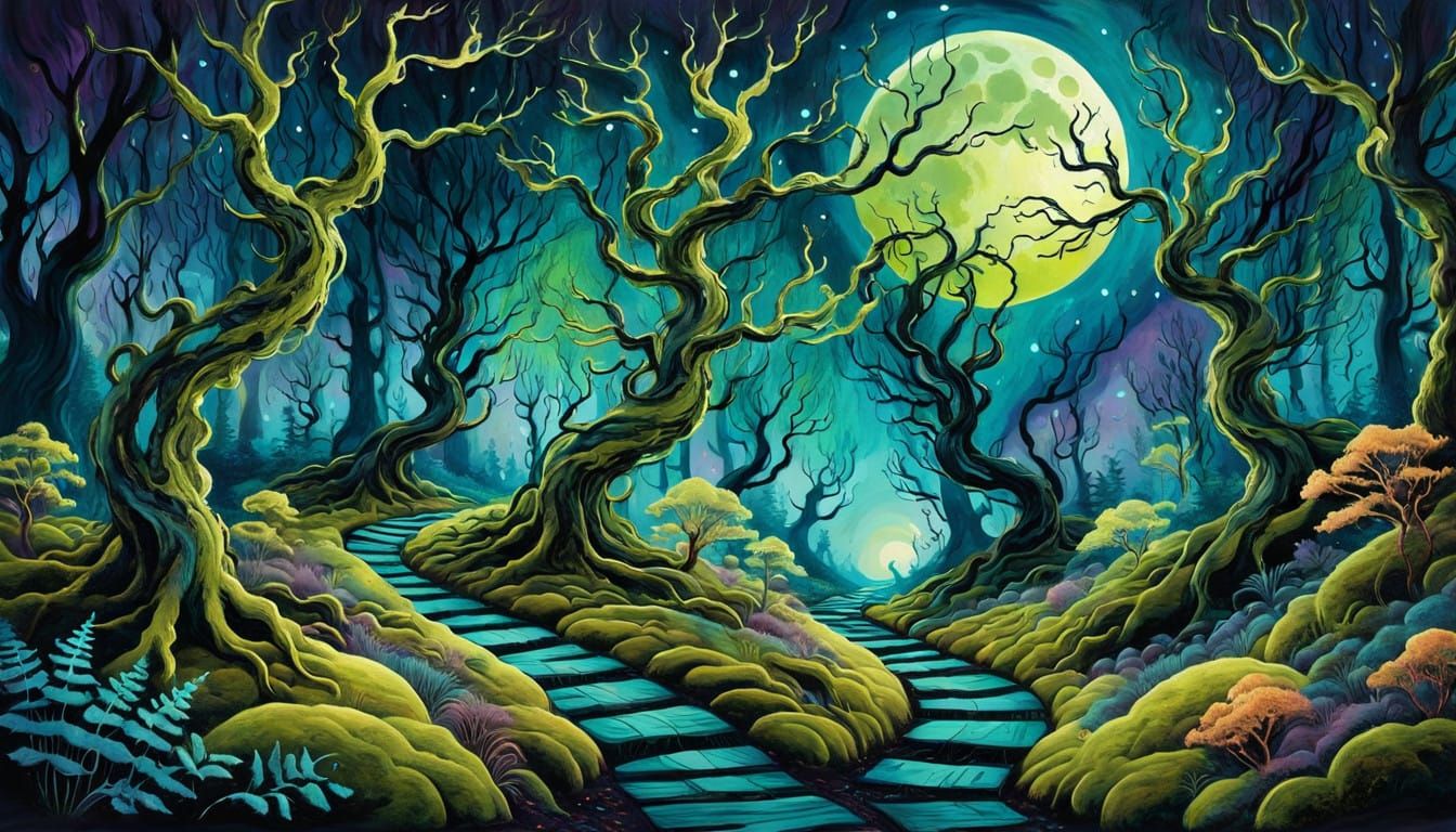 Moonlit Forest Enchantment in Whimsical Artistic Style