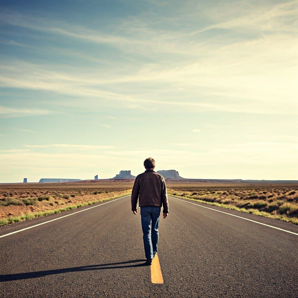 Lone Traveler on Dusty Highway in Film Noir Style