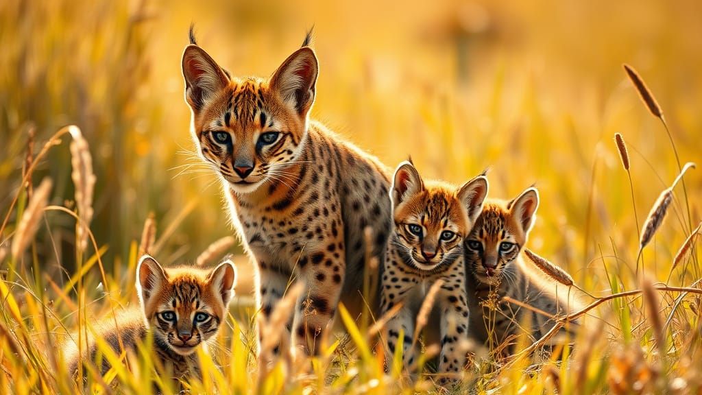 Serval Mother and Cubs in Summer Savannah Landscape