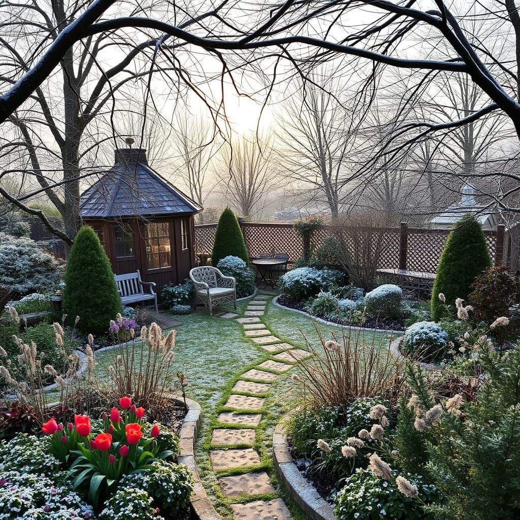 Winter's Serene Garden in Vibrant Hues