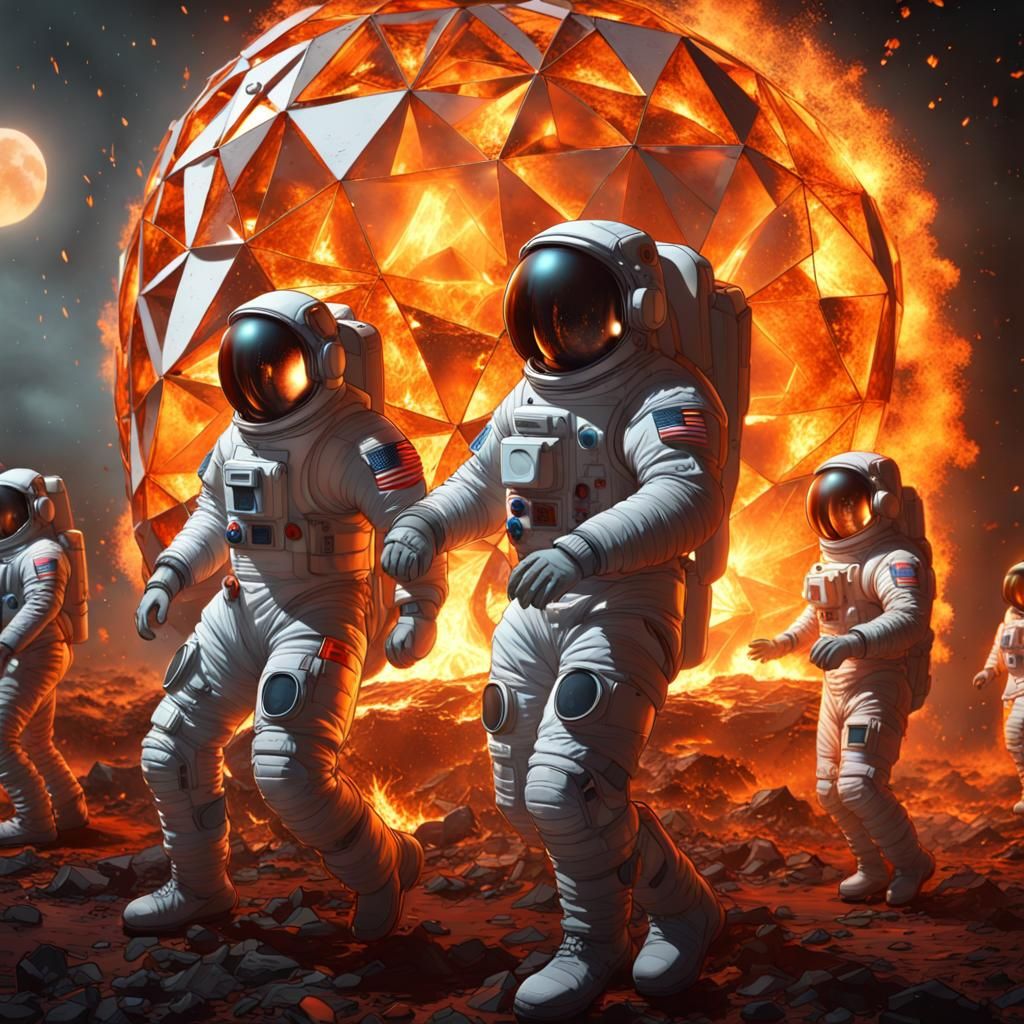 Astronauts Dancing Near Exploded Dome on Moon
