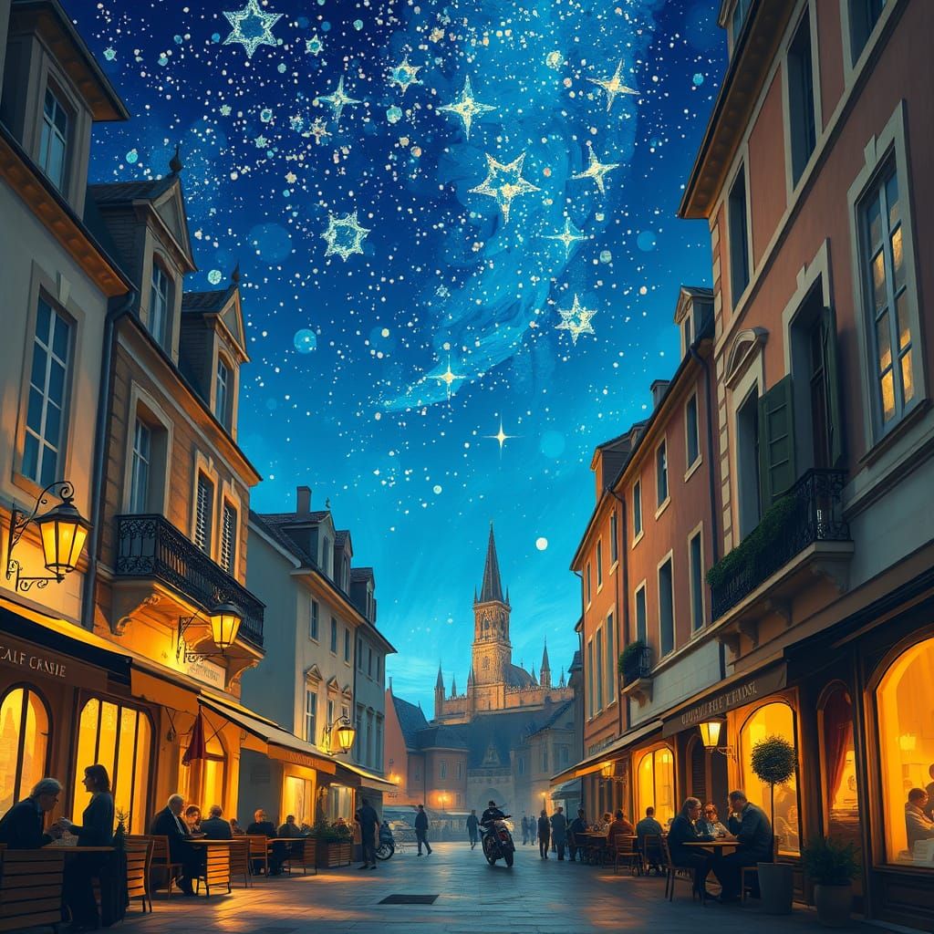 European Town Square Under Celestial Light