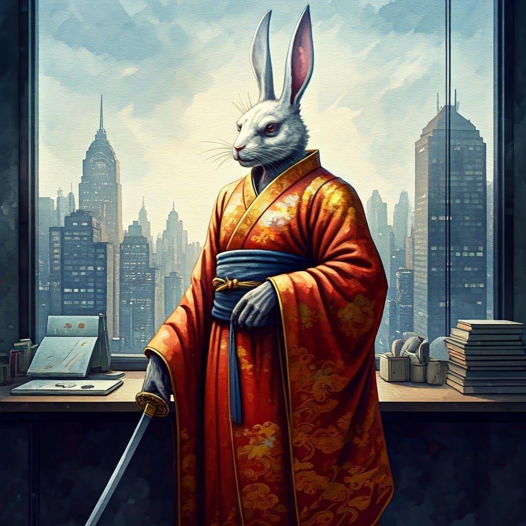 Surreal Ghostly Rabbit Poses with Antique Sword in Cityscape