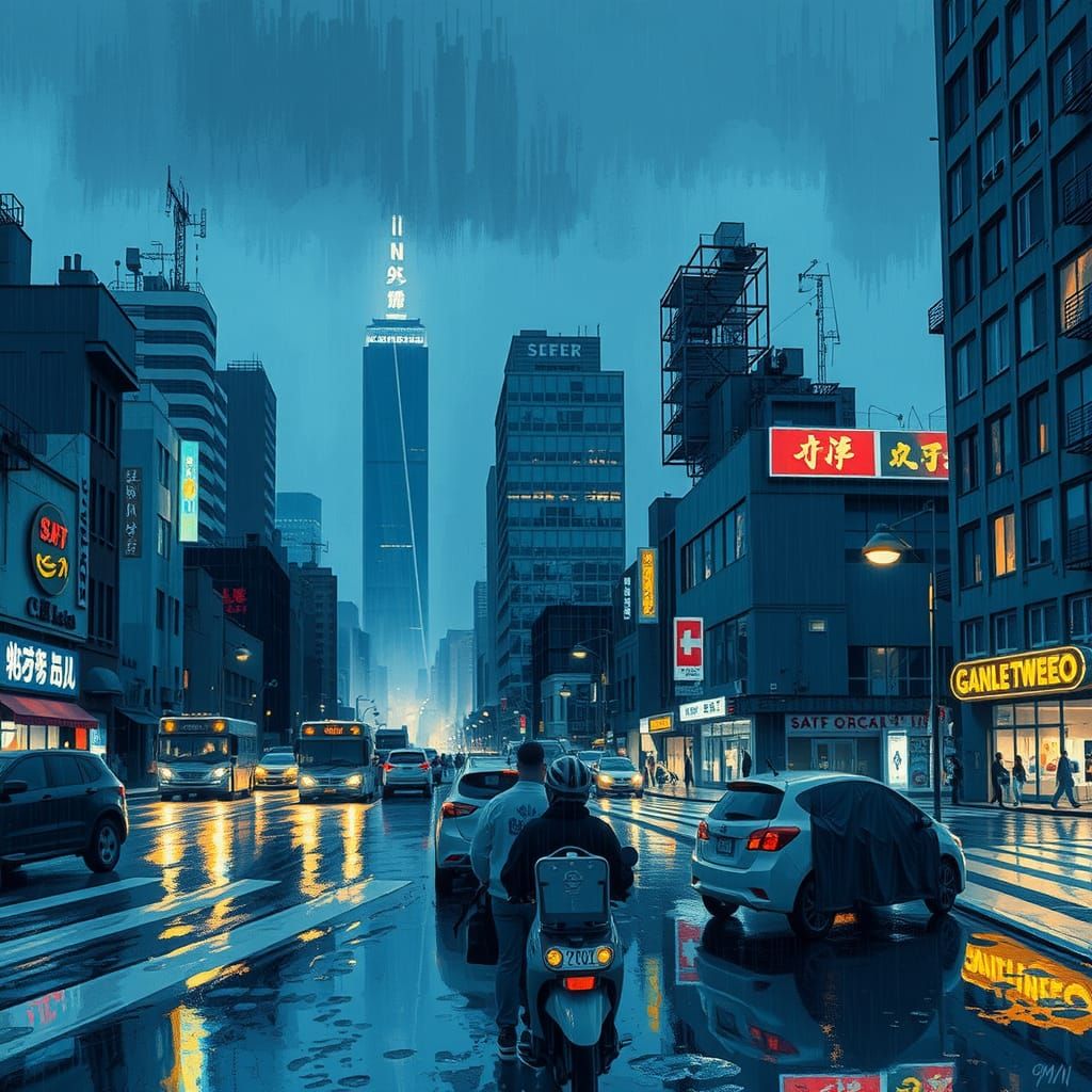 Rainy Cityscape in Impressionistic Style