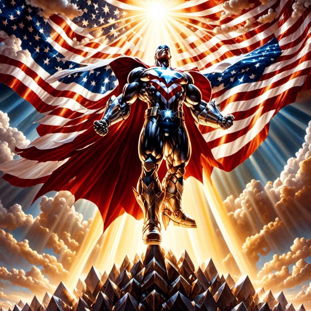 Crystalline Superhero Soaring on American Flag