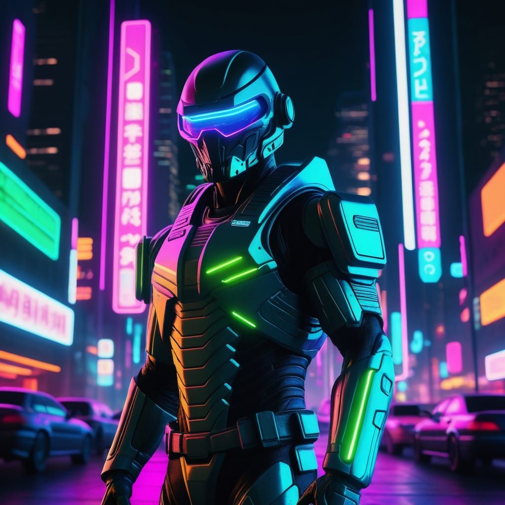 Cyberpunk Alien Soldier in Synthwave Neon Armor