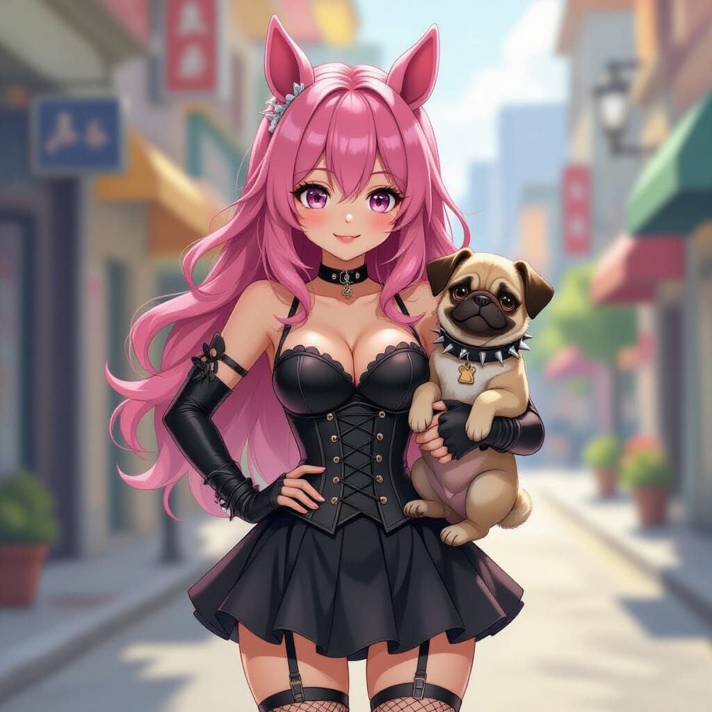 Anime Girl with Horse Ears and Pug Puppy