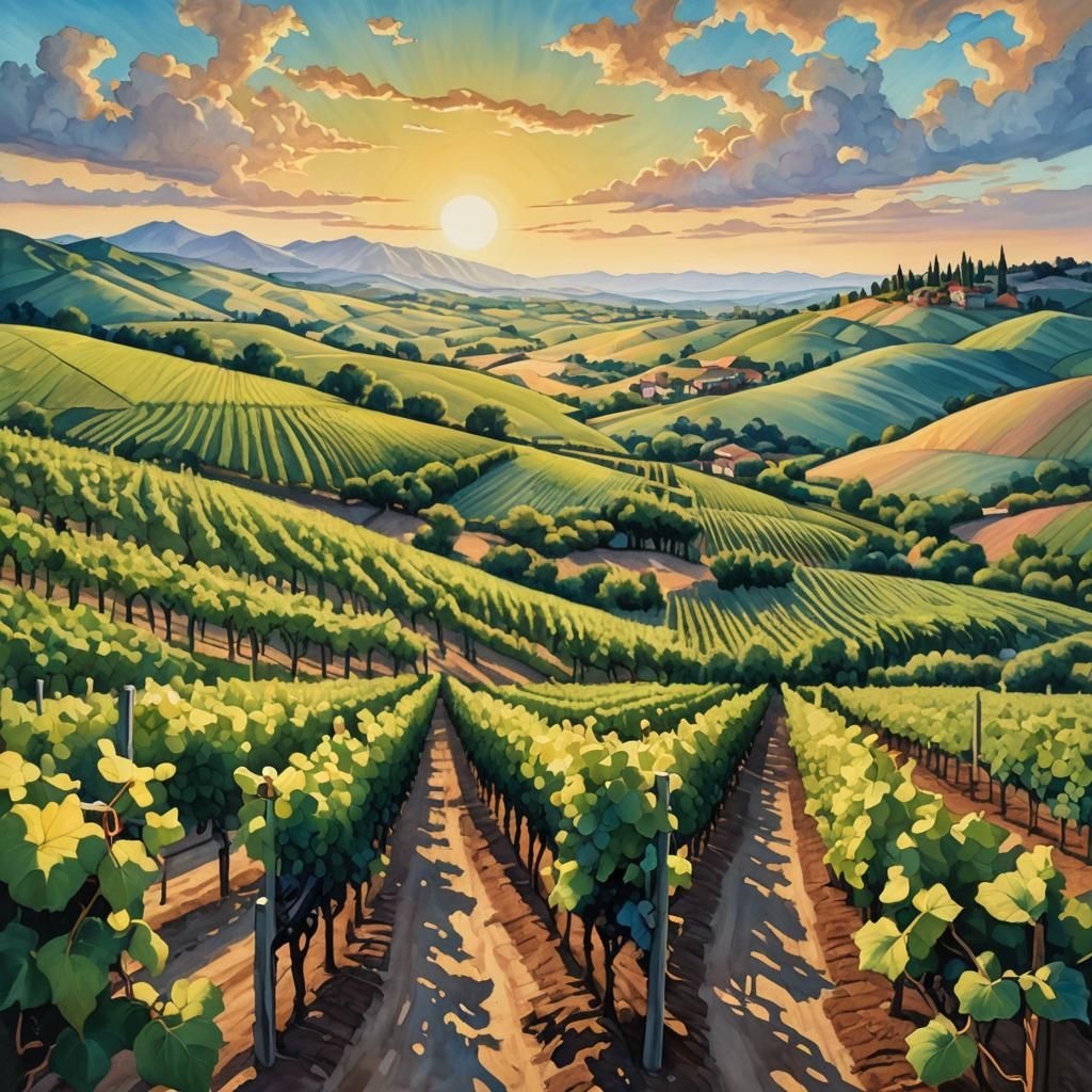 Sunlit Vineyard: O'Keeffe-Inspired Fantasy Landscape