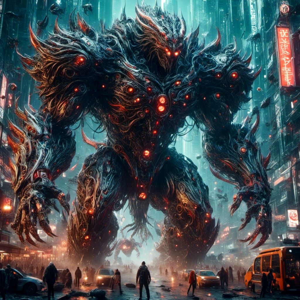 Kaiju attacking giant mach fighter as long bawl in central d...